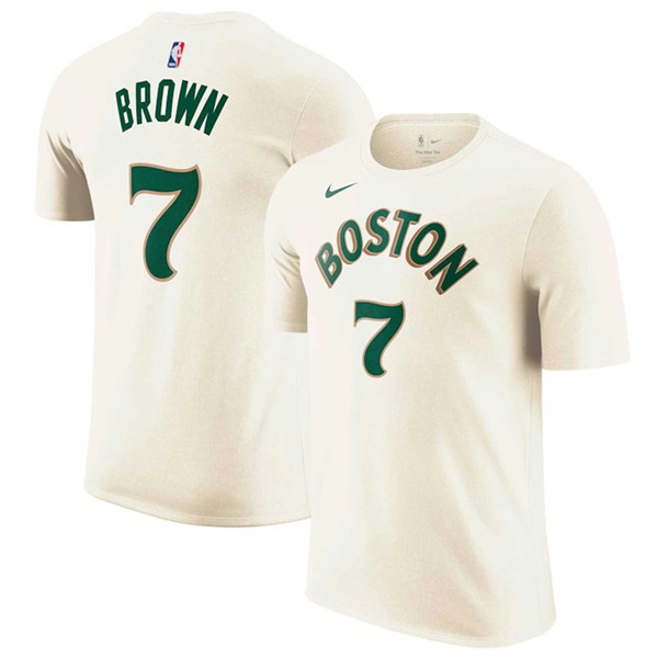 Men's Boston Celtics #7 Jaylen Brown Cream 2023/24 City Edition Name & Number T-Shirt